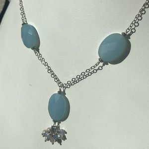 Handmade blue agate and pearl Y shaped necklace